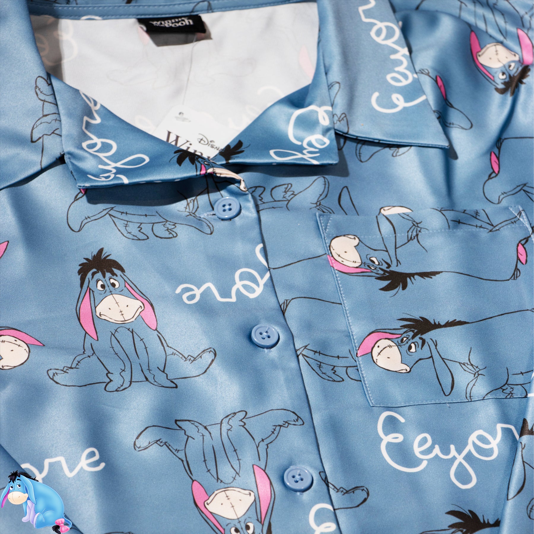 Ladies /Girls Eeyore Blue Satin Silk Button front Pyjamas Matching Mini Me