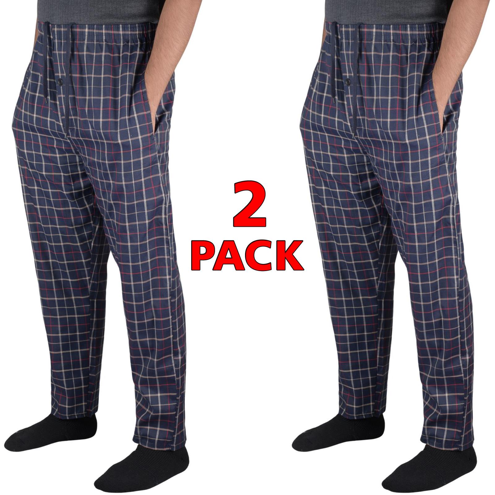 2 Pack Mens Pyjama Bottoms Cotton Check Woven Nightwear Check Lounge Pants