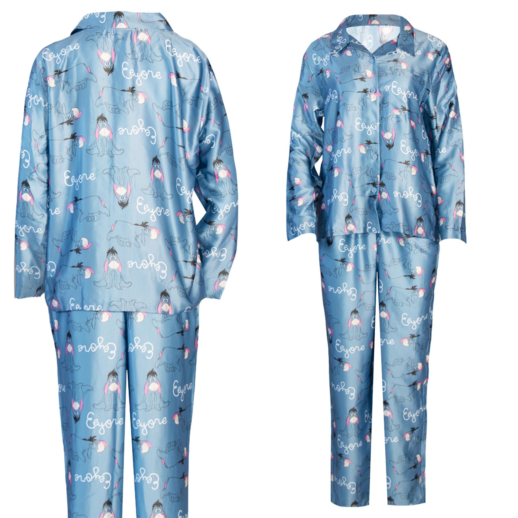 Ladies /Girls Eeyore Blue Satin Silk Button front Pyjamas Matching Mini Me