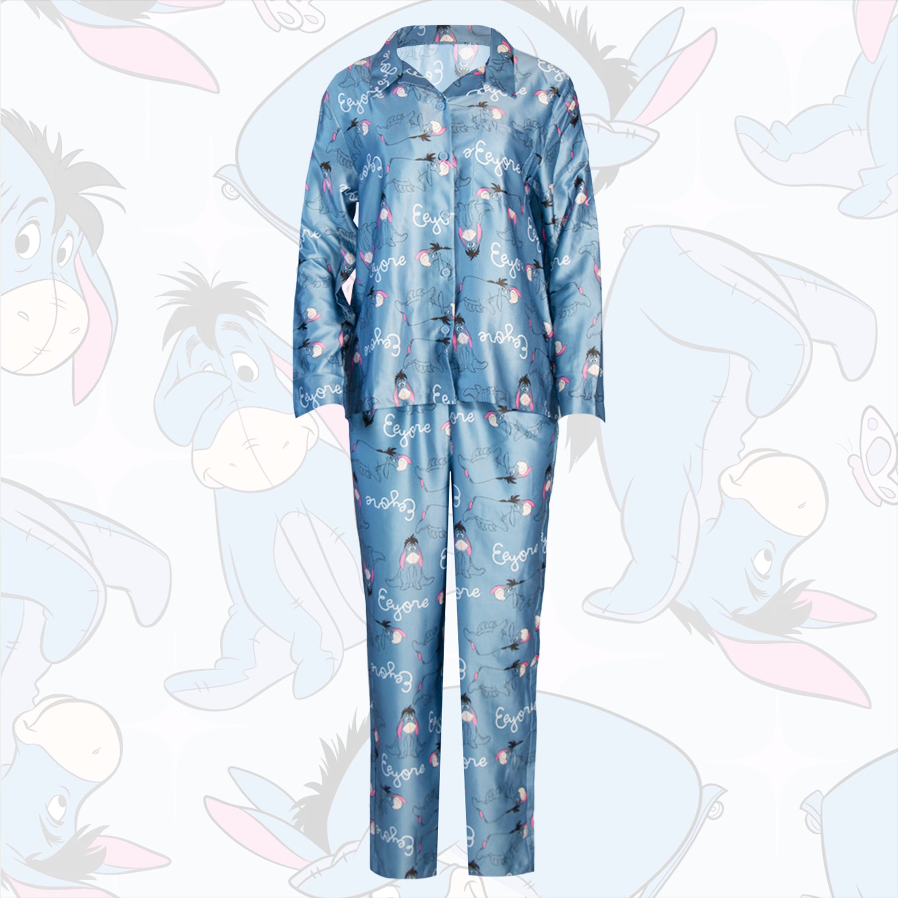 Ladies /Girls Eeyore Blue Satin Silk Button front Pyjamas Matching Mini Me