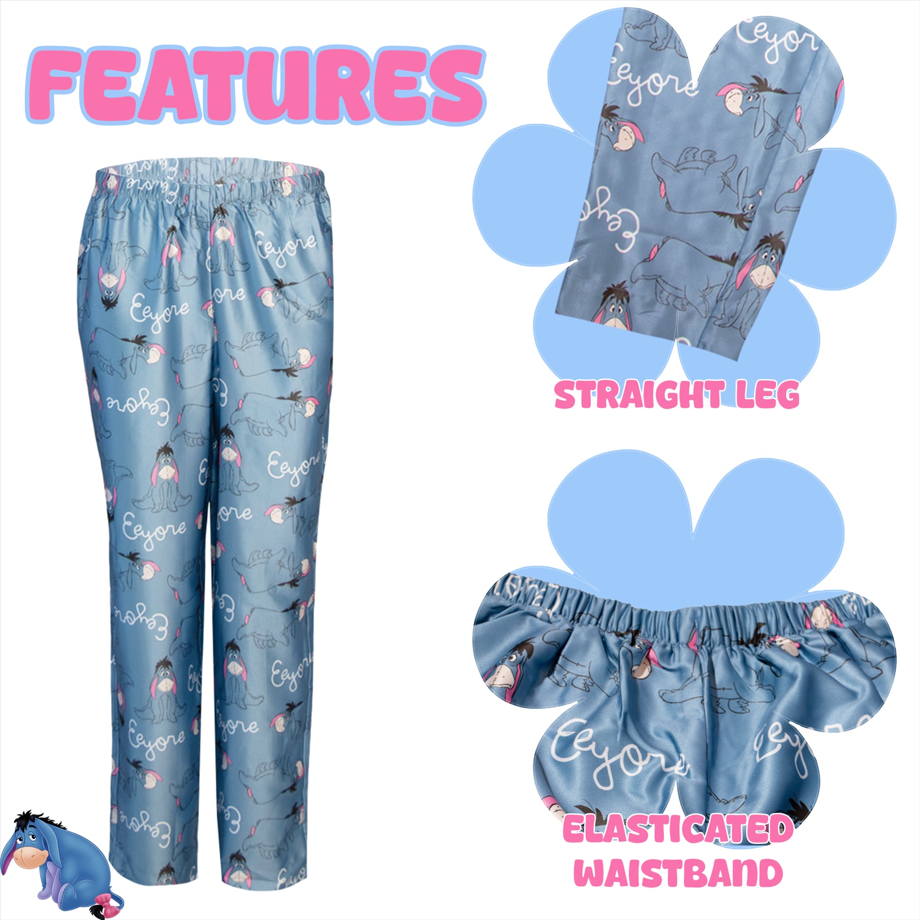 Ladies /Girls Eeyore Blue Satin Silk Button front Pyjamas Matching Mini Me