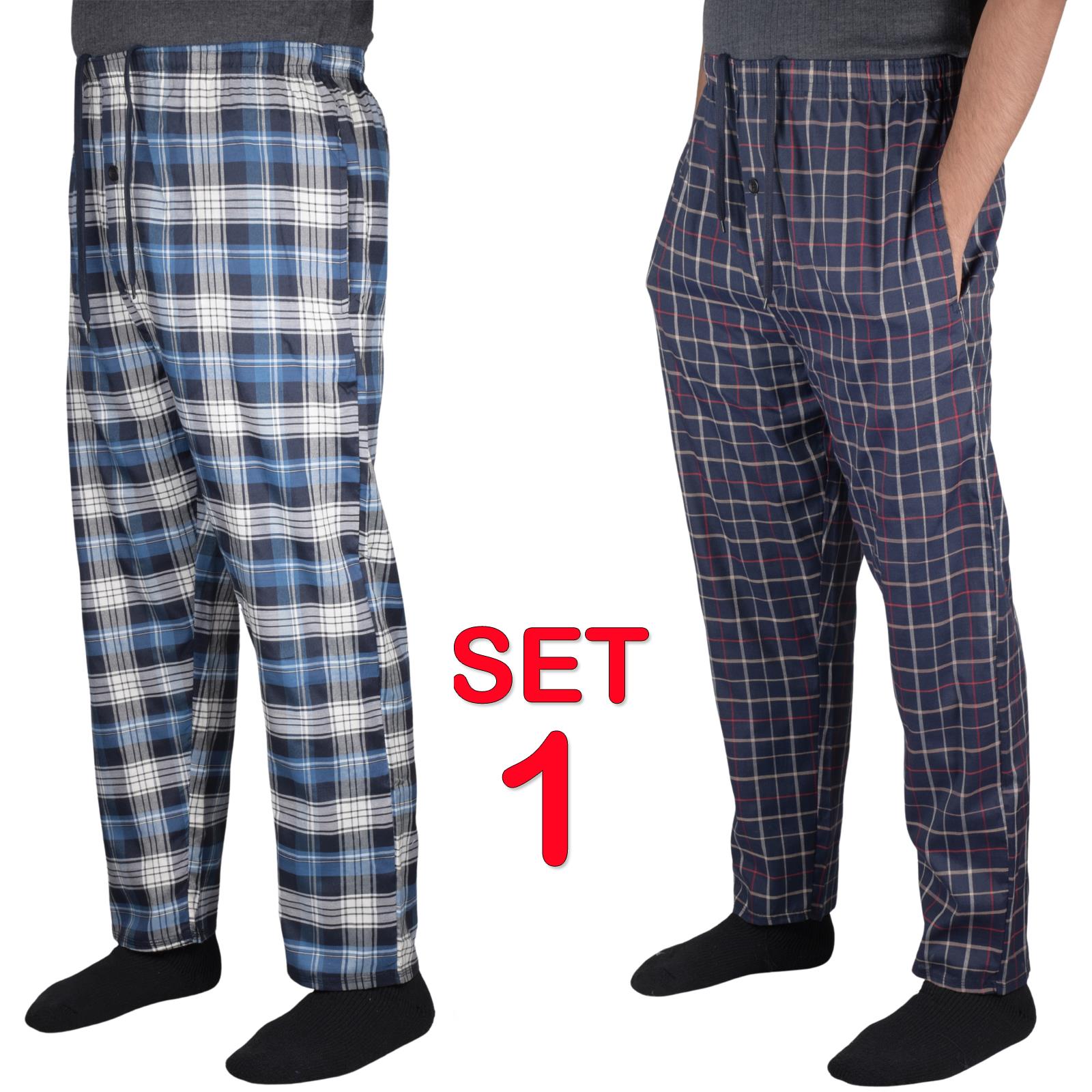 2 Pack Mens Pyjama Bottoms Cotton Check Woven Nightwear Check Lounge Pants