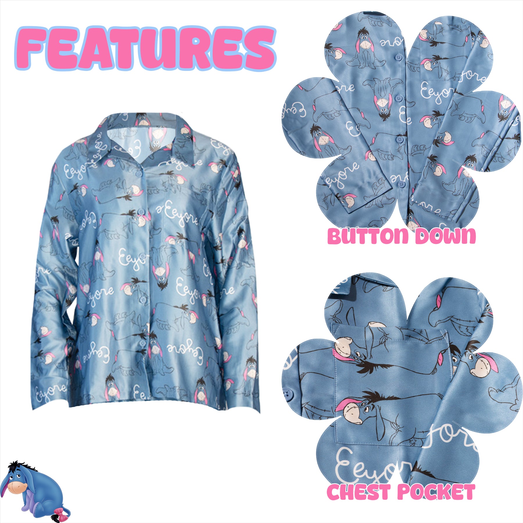 Ladies /Girls Eeyore Blue Satin Silk Button front Pyjamas Matching Mini Me