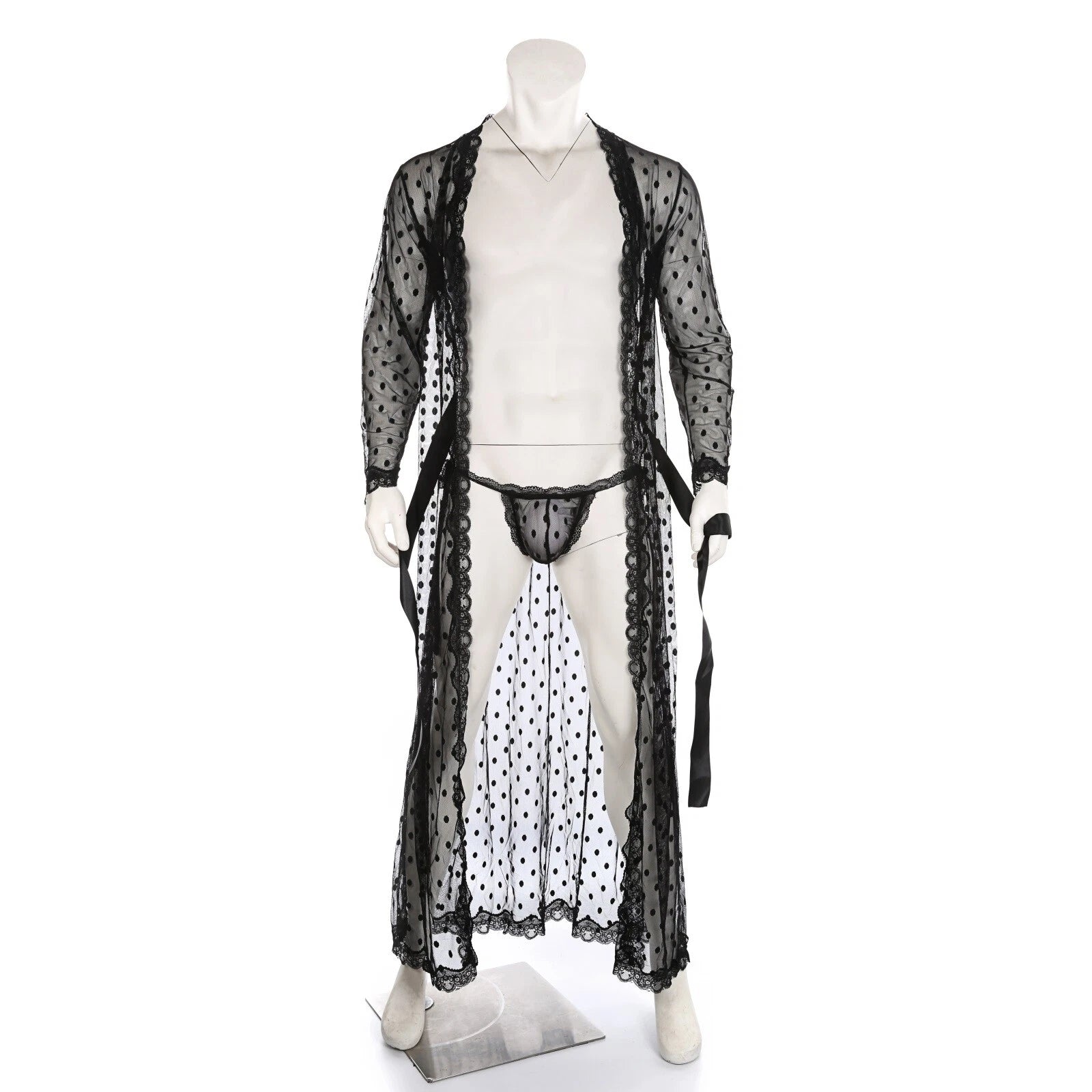 Men Bathrobe Lace Gown Kimono Long Sleeves Robe Pajamas See-through Thong Set