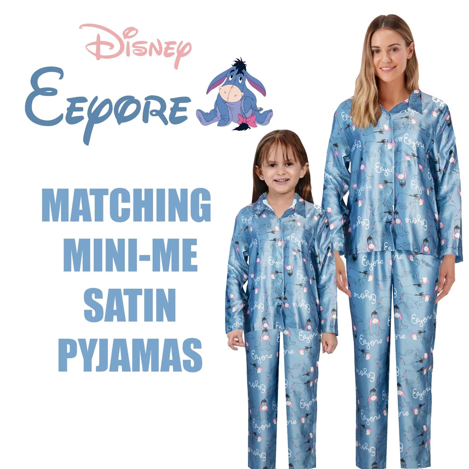 Ladies /Girls Eeyore Blue Satin Silk Button front Pyjamas Matching Mini Me