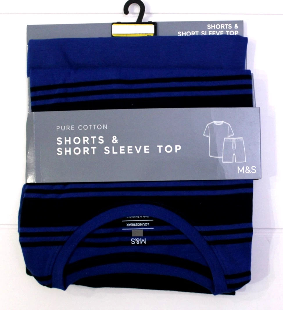M & S Mens Pure Cotton Loungewear Top & Shorts Shortie PJ Set Pyjamas ~ L XL XXL