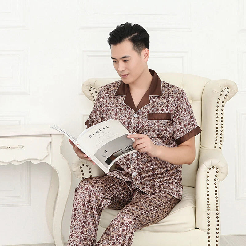 Luxury Mens Silk Satin Pajamas Set Soft Pyjamas Long Sleeve Sleepwear Loungewear
