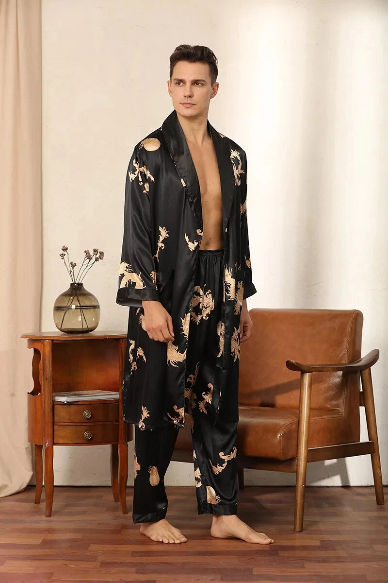 2024 New Men's Satin Pajama Robe and Pants Pajama Set Hot