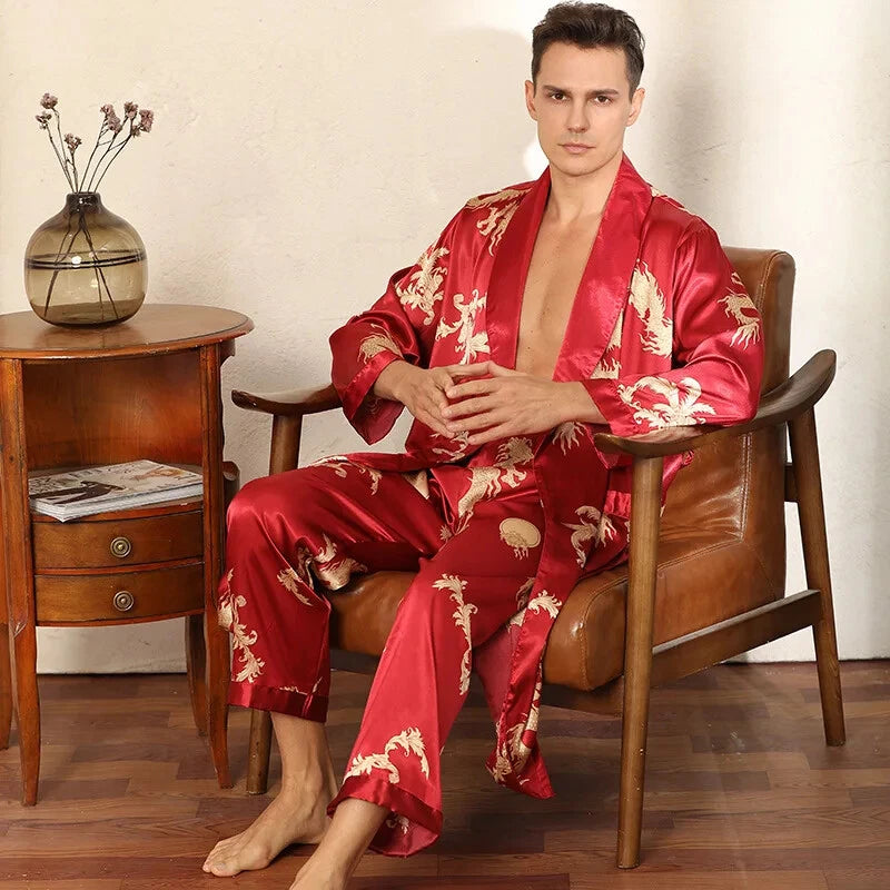 2024 New Men's Satin Pajama Robe and Pants Pajama Set Hot