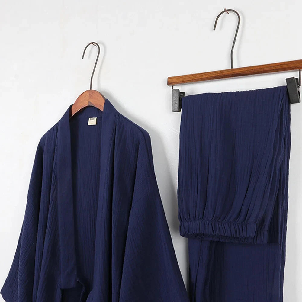 Cotton Japanese Kimono Pajamas Men Long-sleeve Trousers Casual Sleepwear
