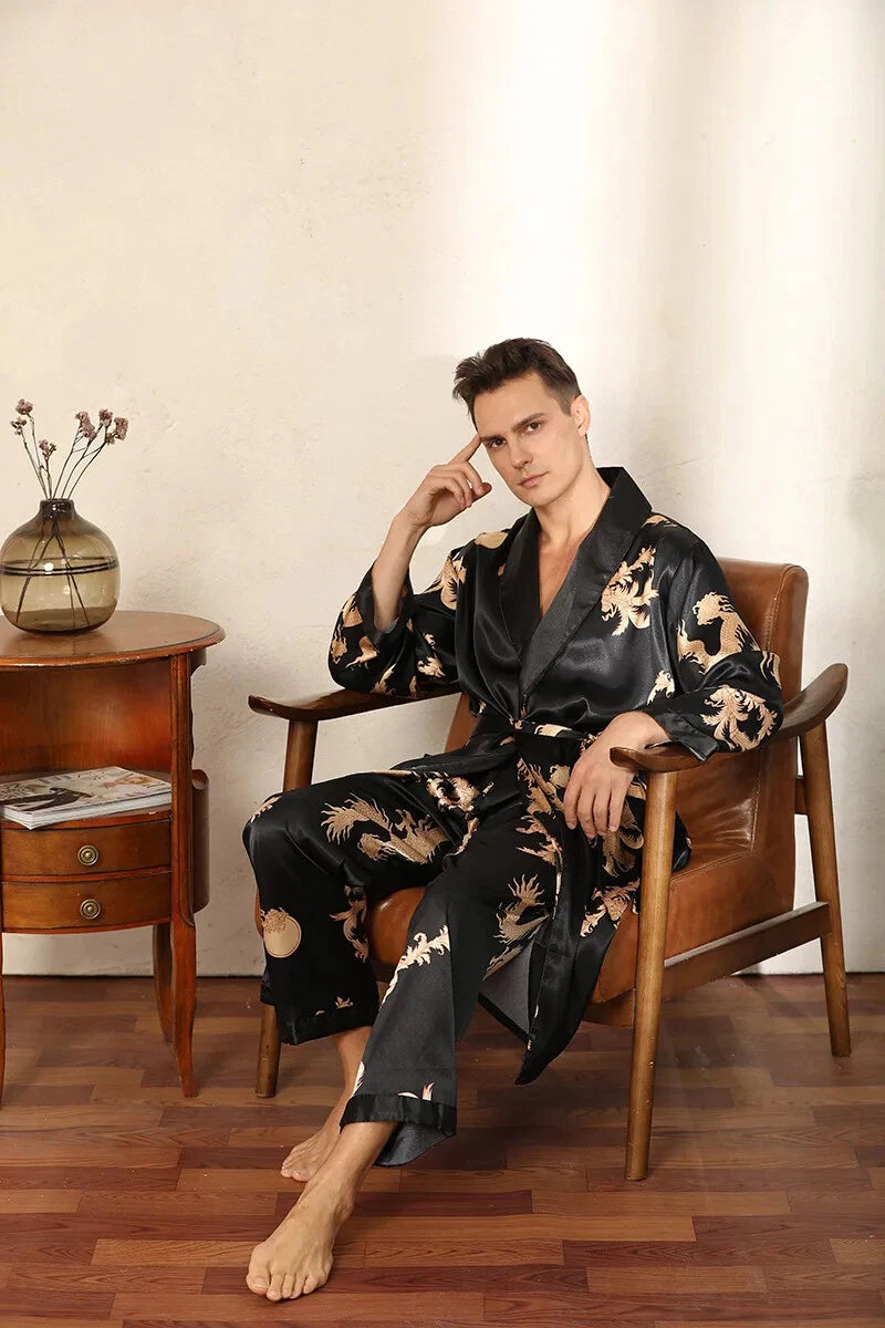 2024 New Men's Satin Pajama Robe and Pants Pajama Set Hot