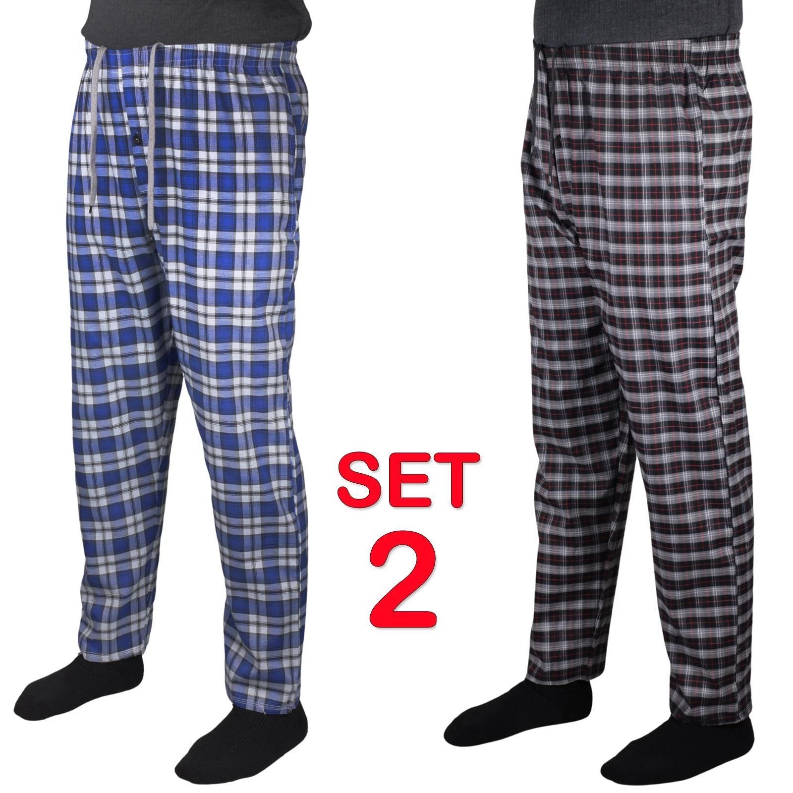 2 Pack Mens Pyjama Bottoms Cotton Check Woven Nightwear Check Lounge Pants