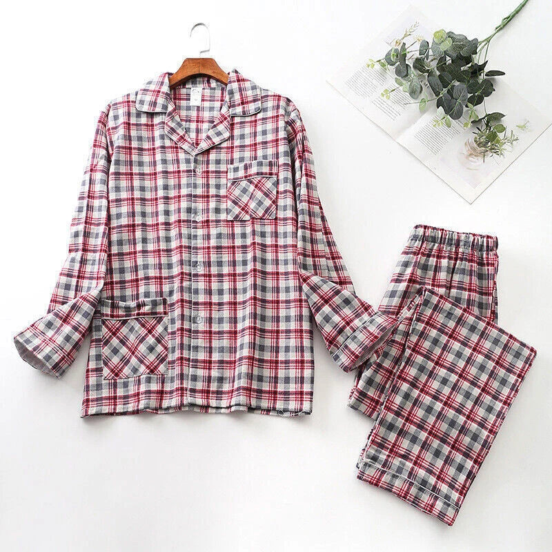 Men Cotton Pajamas Set Long Sleeve Button Soft Pants Sleepwear High Quality