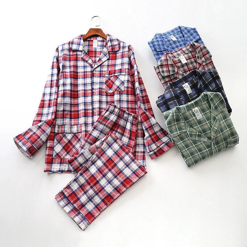 Men Cotton Pajamas Set Long Sleeve Button Soft Pants Sleepwear High Quality
