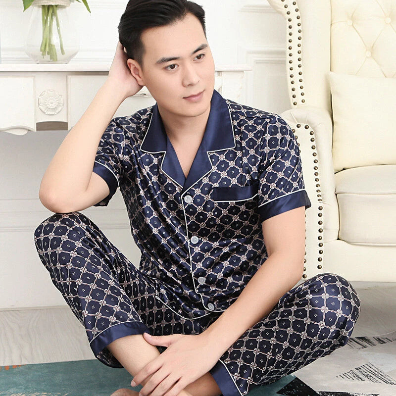 Luxury Mens Silk Satin Pajamas Set Soft Pyjamas Long Sleeve Sleepwear Loungewear