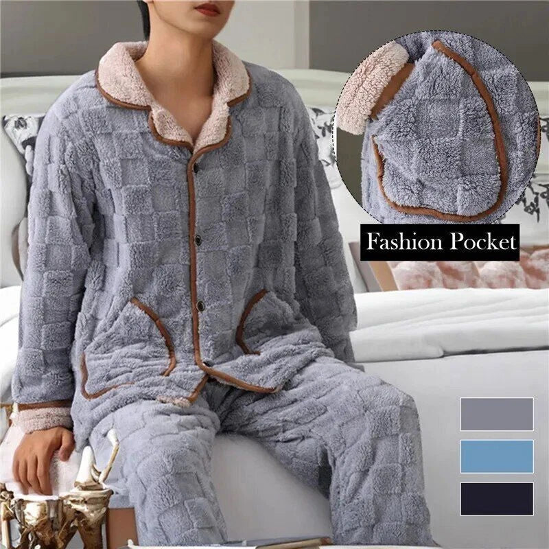 2023 Men's winter thick coral velvet pajamas, pants, long sleeves, two-piece set