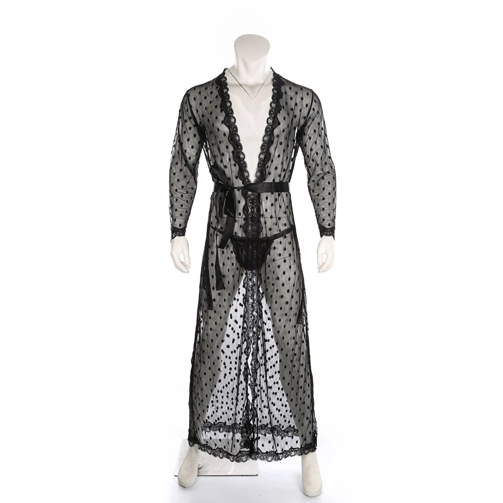 Men Bathrobe Lace Gown Kimono Long Sleeves Robe Pajamas See-through Thong Set