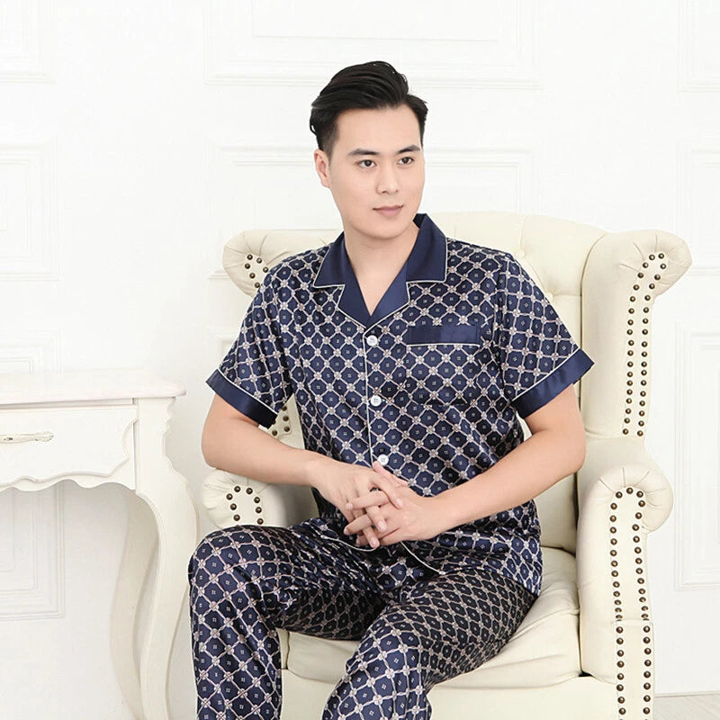 Luxury Mens Silk Satin Pajamas Set Soft Pyjamas Long Sleeve Sleepwear Loungewear