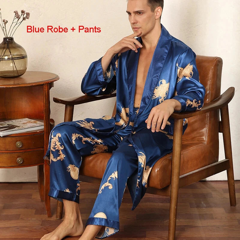 2024 New Men's Satin Pajama Robe and Pants Pajama Set Hot
