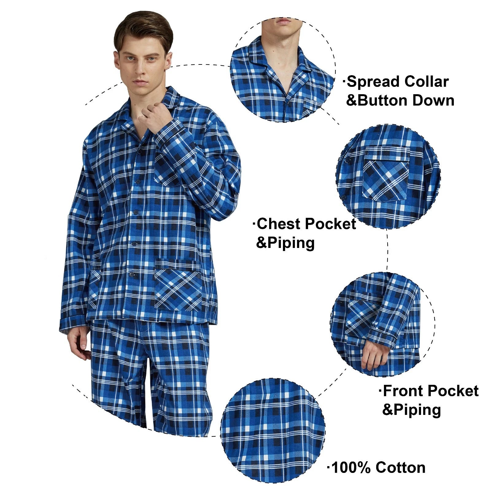 Amaxer Men’s Pajamas Set 100% Cotton Flannel Long Sleeves Pajamas For Men PJs