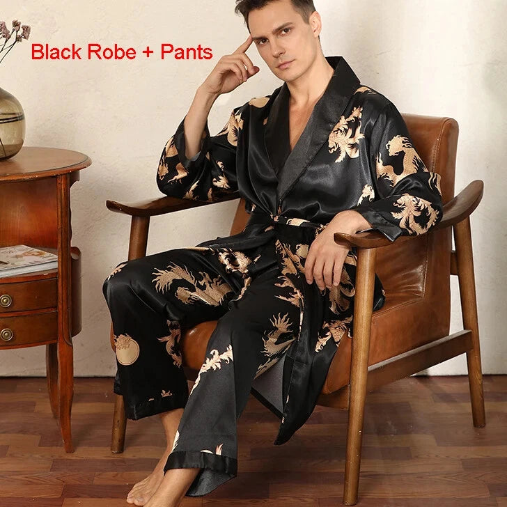 2024 New Men's Satin Pajama Robe and Pants Pajama Set Hot