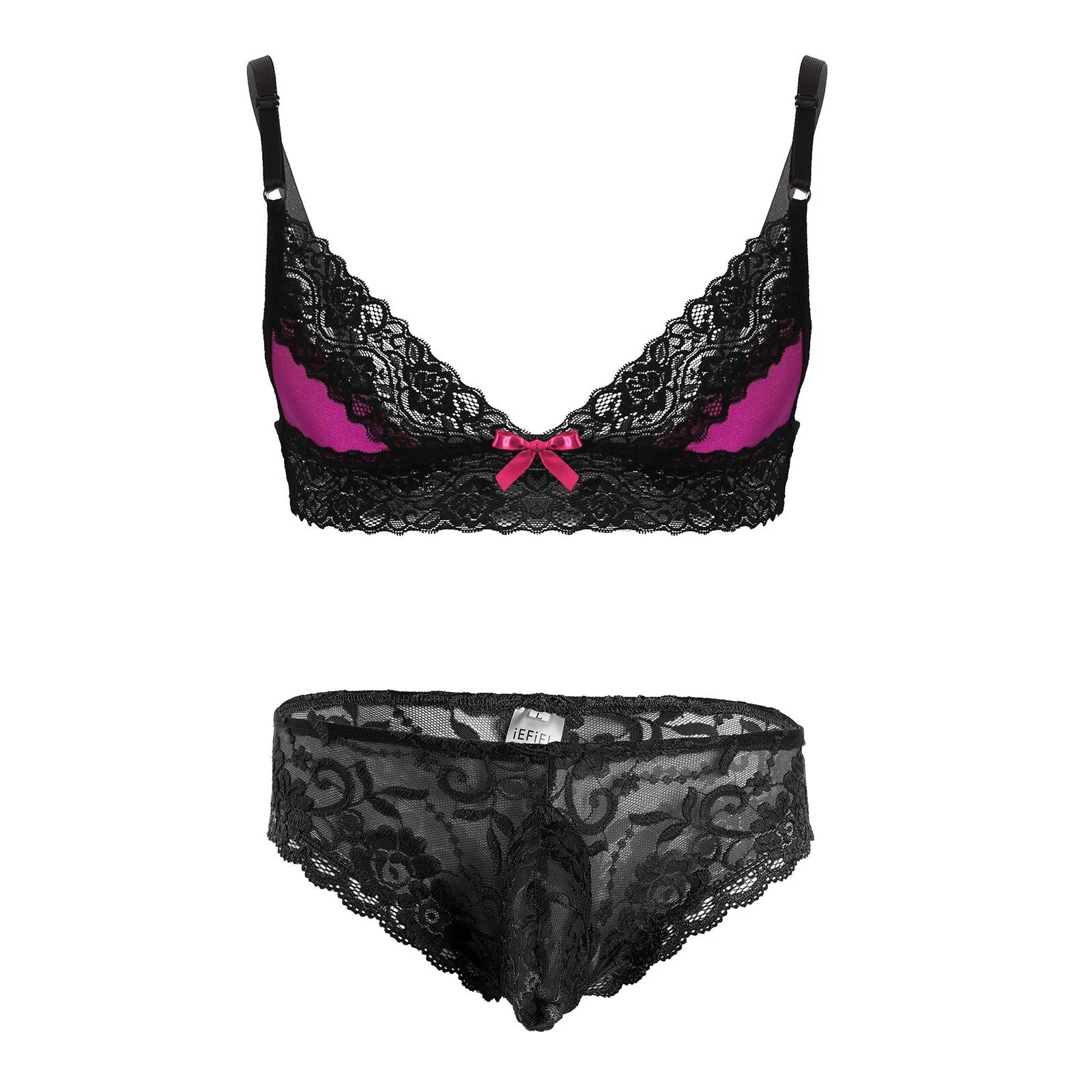 Men Ruffled Lingerie Set Cami Straps Bandeau Bra Thong 2Pcs Crossdresser Pajamas