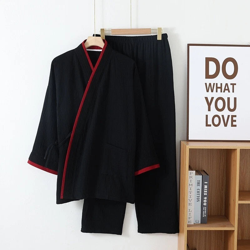 Chinese Japanese Mens Cotton Black with Red Trim Kimono Pyjama Set Sleepwear
