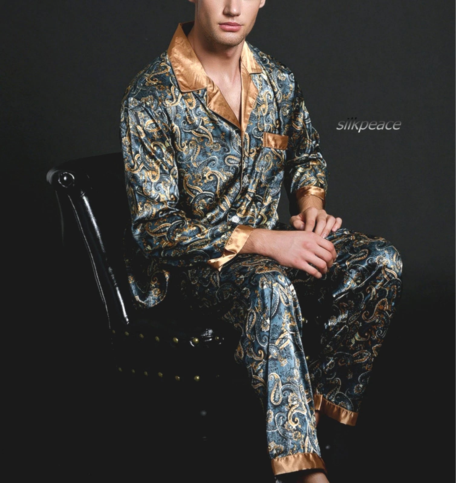 2nd Item Ship FREE  Mens Silk Satin Pajamas Set Pants Lounge Sleepwear SILKPEACE