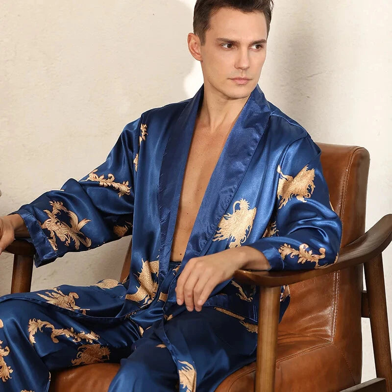 2024 New Men's Satin Pajama Robe and Pants Pajama Set Hot