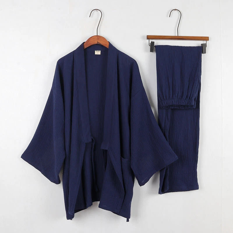 Cotton Japanese Kimono Pajamas Men Long-sleeve Trousers Casual Sleepwear