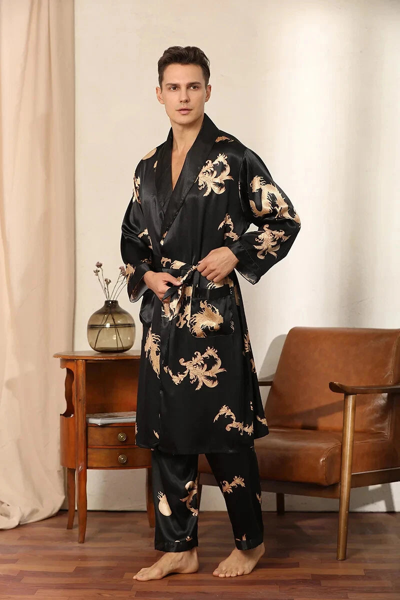 2024 New Men's Satin Pajama Robe and Pants Pajama Set Hot