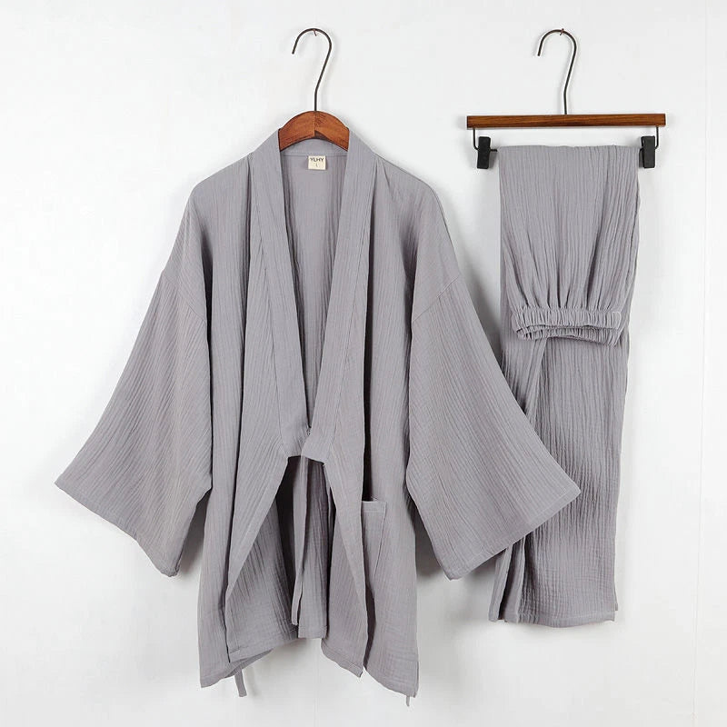 Cotton Japanese Kimono Pajamas Men Long-sleeve Trousers Casual Sleepwear