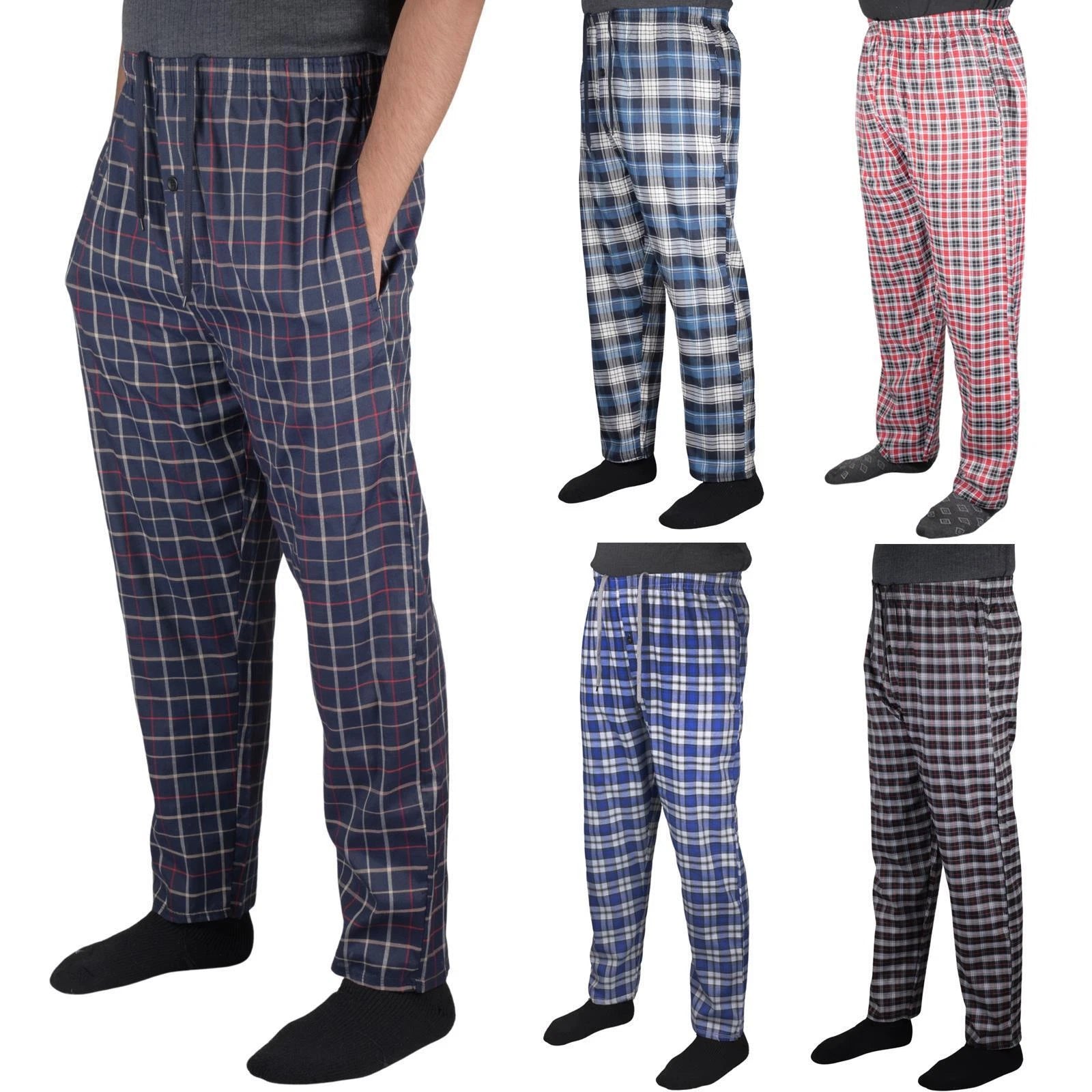 2 Pack Mens Pyjama Bottoms Cotton Check Woven Nightwear Check Lounge Pants