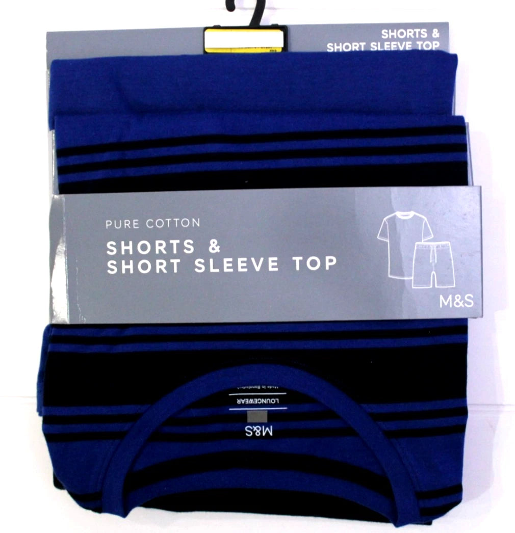 M & S Mens Pure Cotton Loungewear Top & Shorts Shortie PJ Set Pyjamas ~ L XL XXL