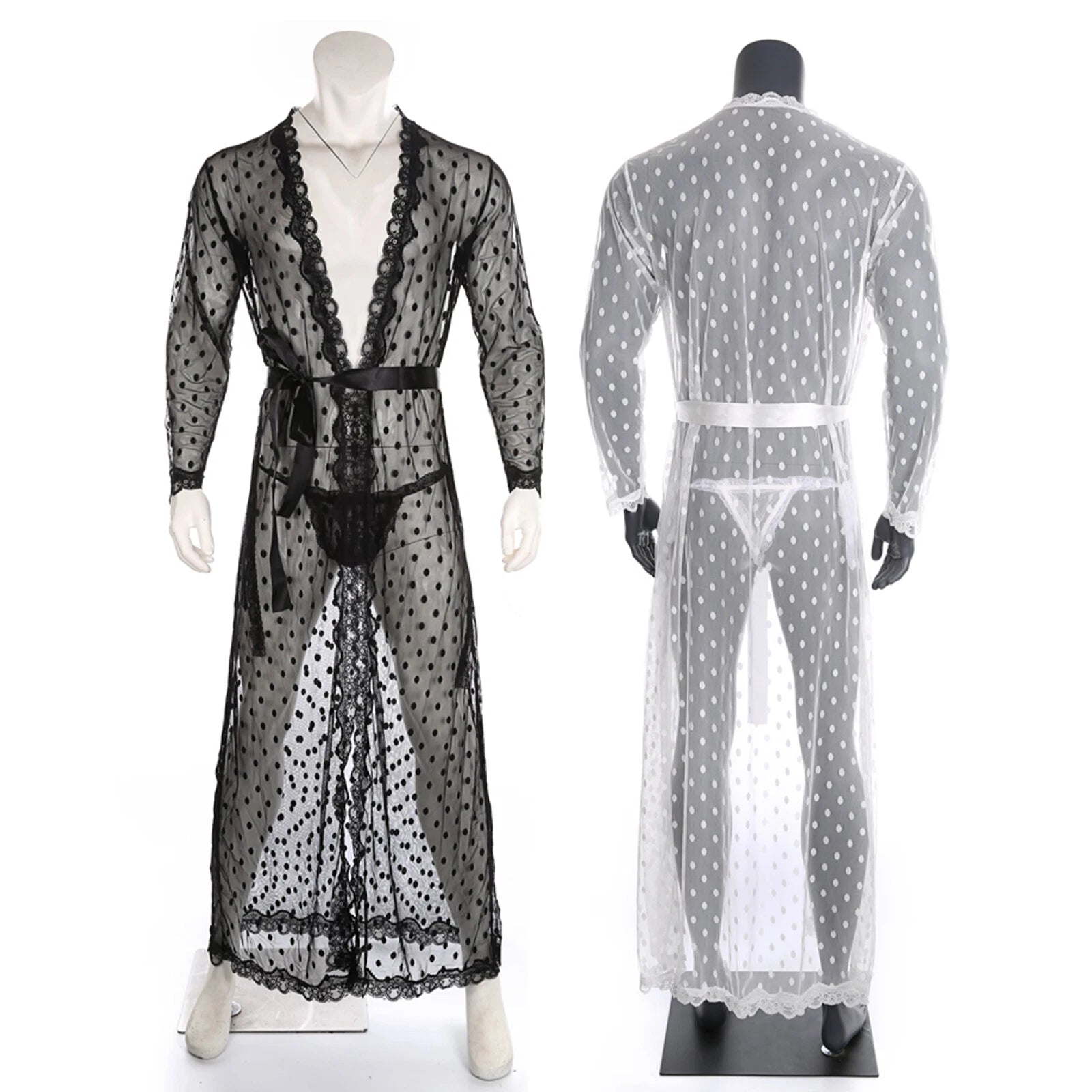 Men Bathrobe Lace Gown Kimono Long Sleeves Robe Pajamas See-through Thong Set