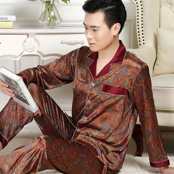 Long Sleeve Sleepwear Loungewear Luxury Mens Silk Satin Pajamas Set Soft Pyjamas