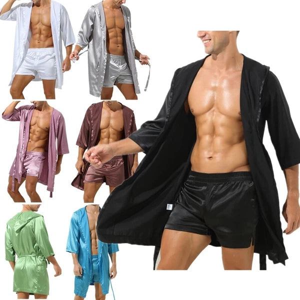 Men's Hooded Robe Set Silk Satin Night Gown Bathrobe Pajama Hot Pants Underwear