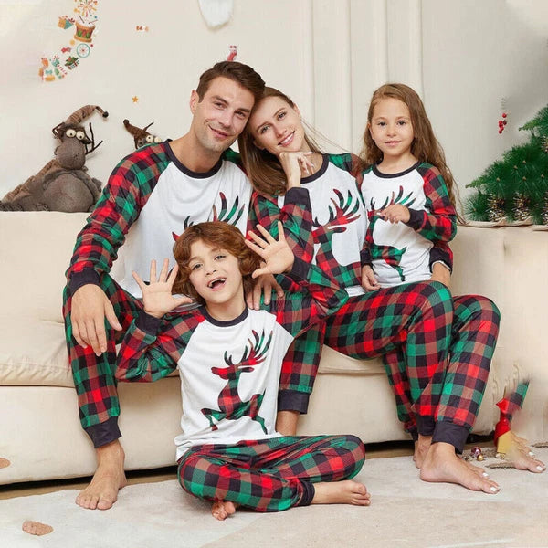 2025 Christmas Deer Grid Print Family Pyjamas Kids Adults Nightwear Pajamas Set*