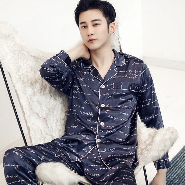 Long Sleeve Sleepwear Loungewear Luxury Mens Silk Satin Pajamas Set Soft Pyjamas
