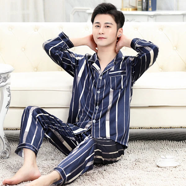 Long Sleeve Sleepwear Loungewear Luxury Mens Silk Satin Pajamas Set Soft Pyjamas