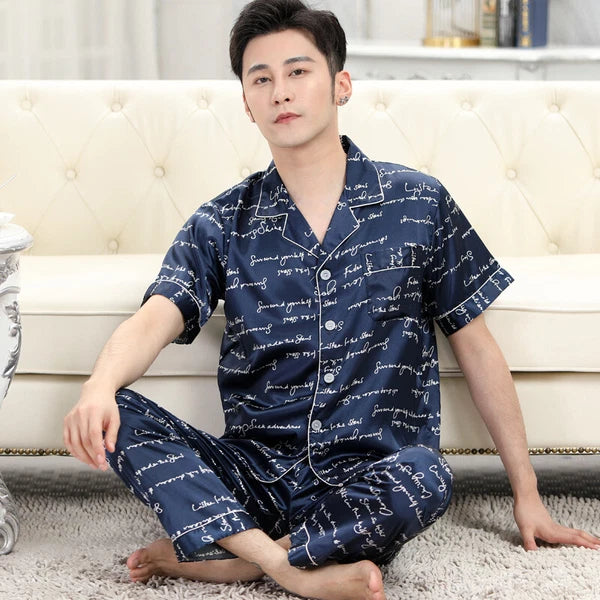 Luxury Mens Silk Satin Pajamas Set Soft Pyjamas Long Sleeve Sleepwear Loungewear