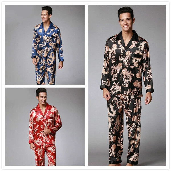 Men Satin Faux Silk Pyjama Set Sleeping Nightwear Asian Dragon Night Gown Outfit