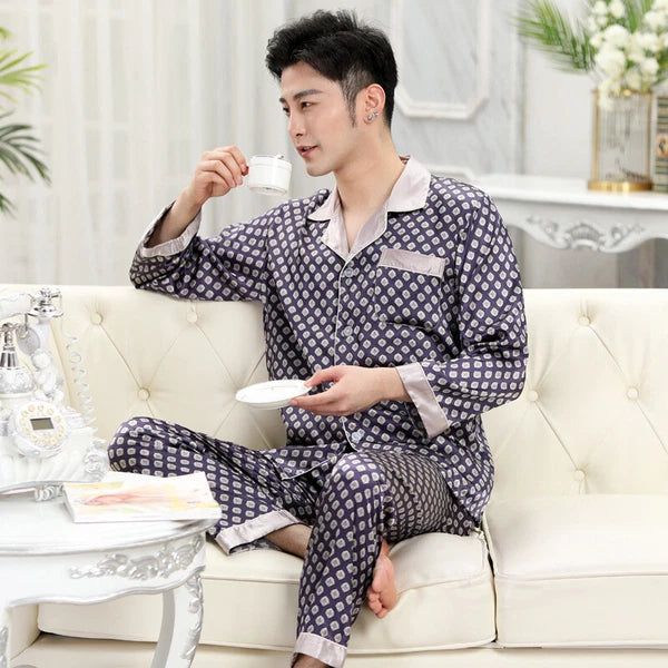 Long Sleeve Sleepwear Loungewear Luxury Mens Silk Satin Pajamas Set Soft Pyjamas