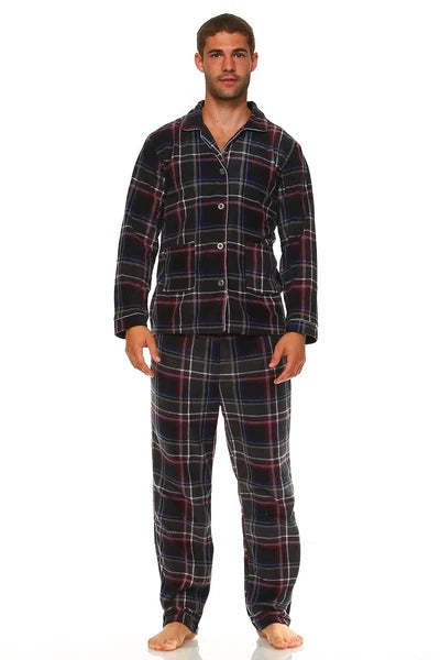 Men Fleece Pajama Set, Classic Premium Plaid Flannel Lounge Pajama Pant Set