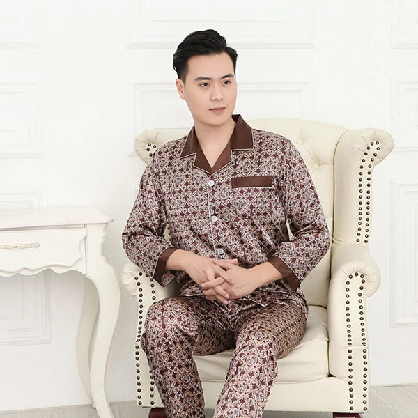 Long Sleeve Sleepwear Loungewear Luxury Mens Silk Satin Pajamas Set Soft Pyjamas