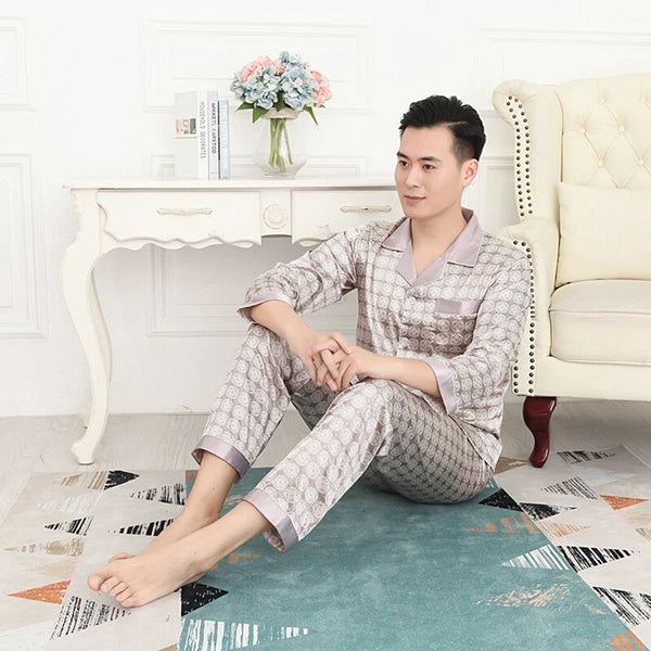 Long Sleeve Sleepwear Loungewear Luxury Mens Silk Satin Pajamas Set Soft Pyjamas