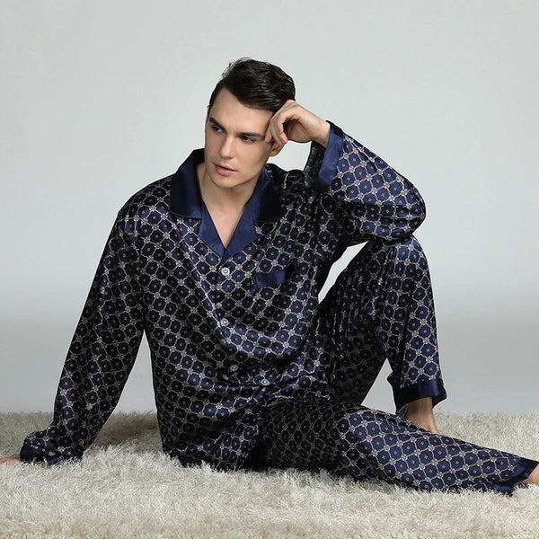 Long Sleeve Nightwear Pajamas Pyjamas Set Mens Silk Satin Sleepwear Loungewear
