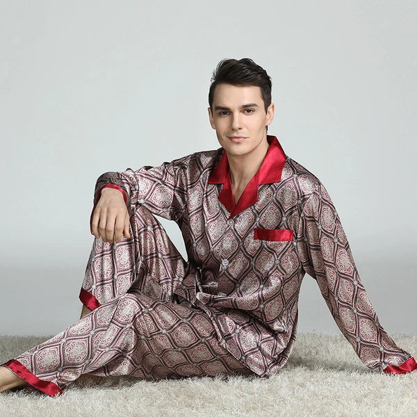 Long Sleeve Nightwear Pajamas Pyjamas Set Mens Silk Satin Sleepwear Loungewear
