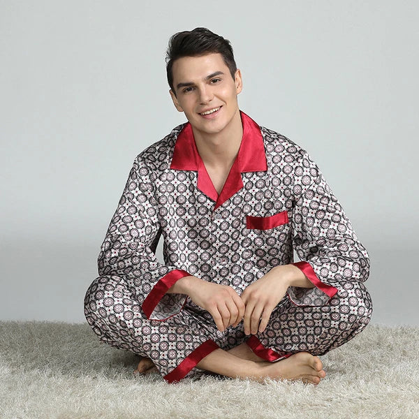 Long Sleeve Nightwear Pajamas Pyjamas Set Mens Silk Satin Sleepwear Loungewear