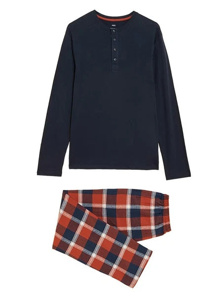 M & S Mens Pure Cotton Brushed For Warmth Pyjamas Loungewear Top & Long Pants